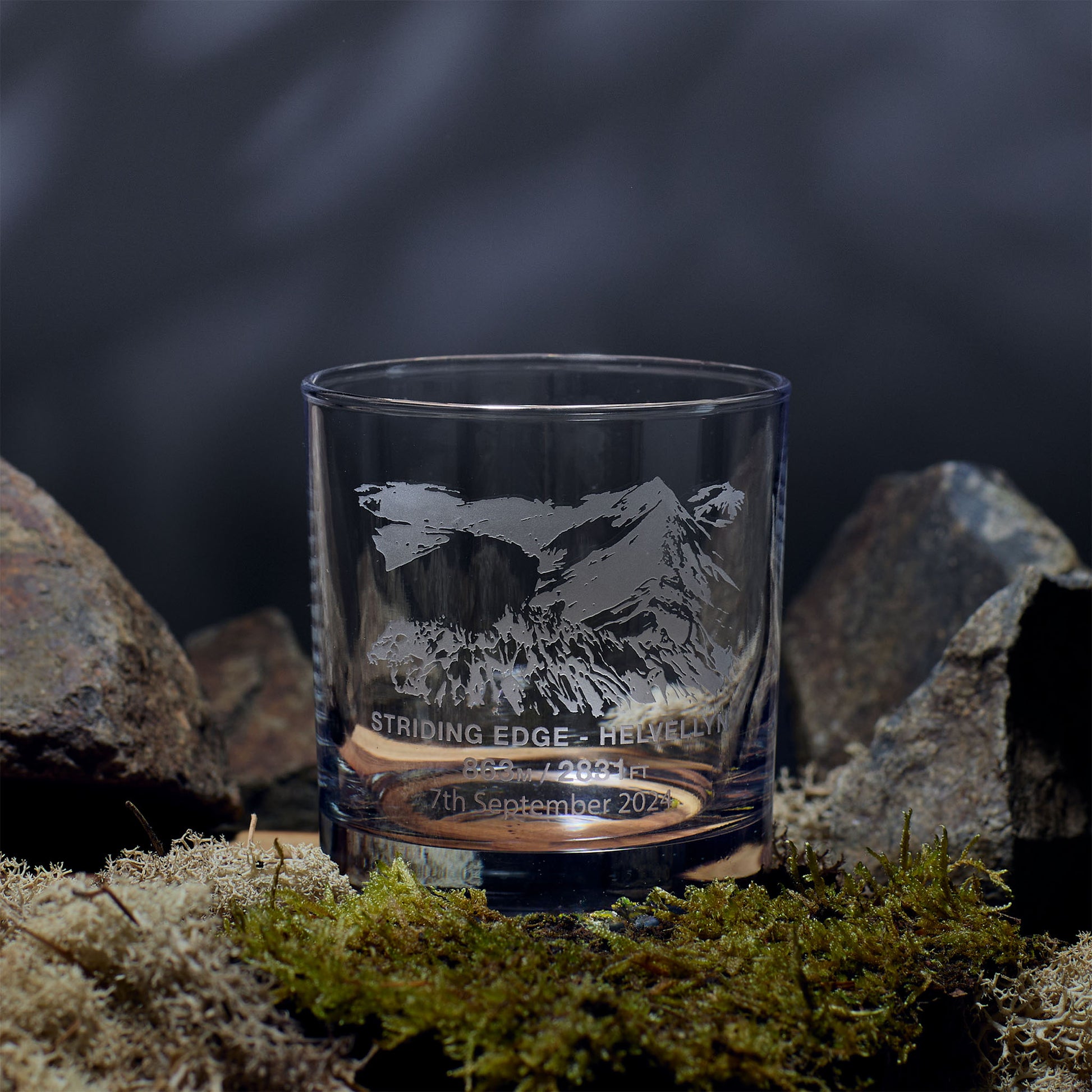 Whisky glass engraved with Helvellyn’s Striding Edge, Lake District