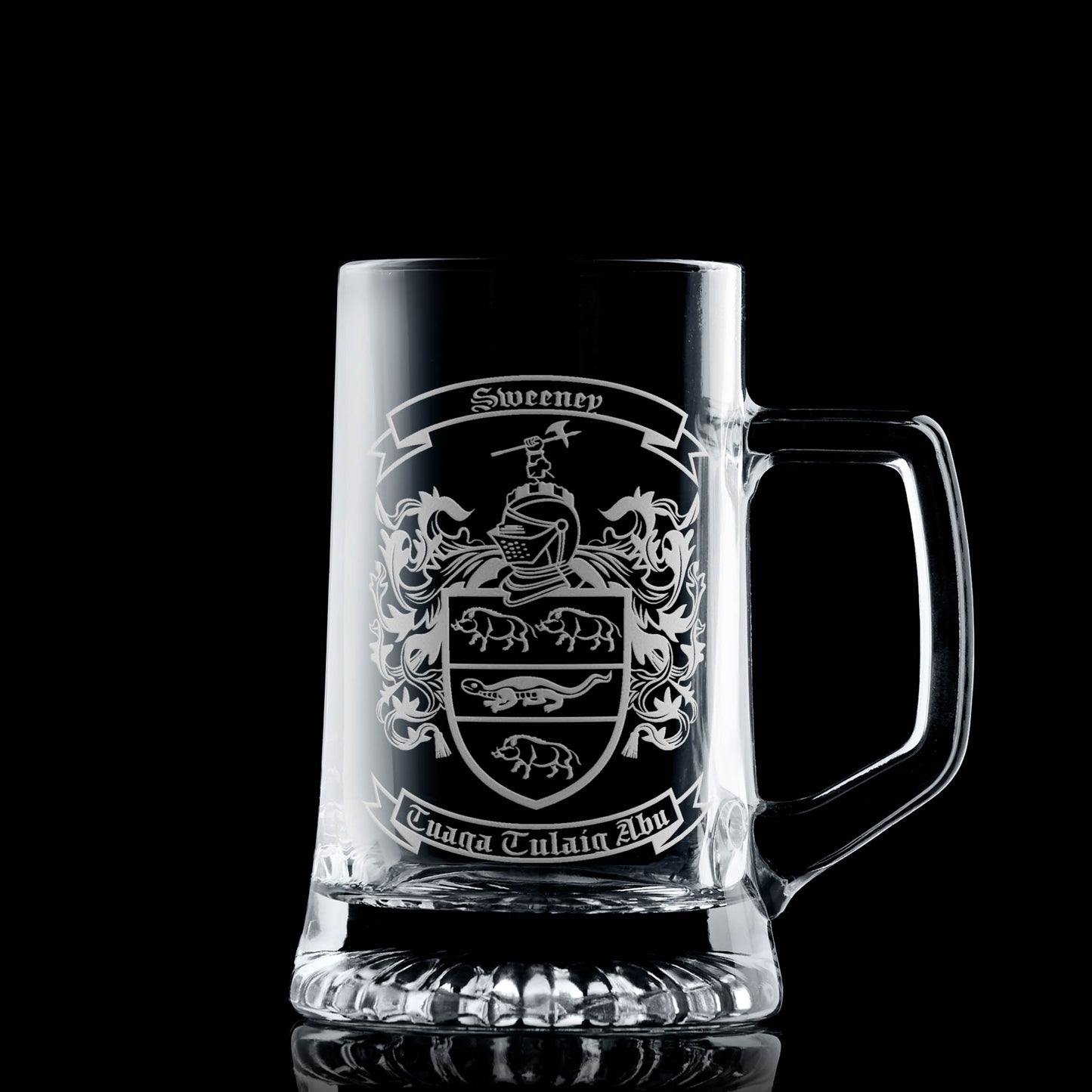 Beer tankard with engraved family crest — deep, permanent etch.