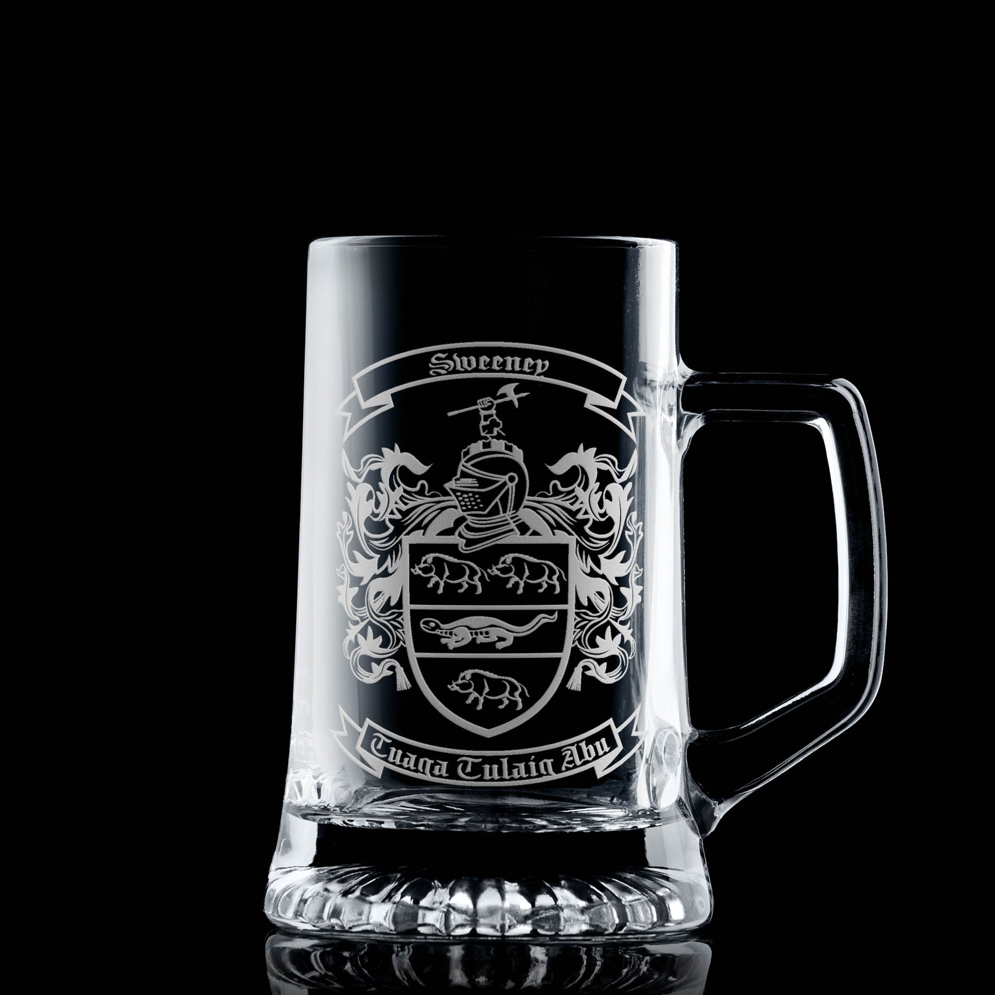 Beer tankard with engraved family crest — deep, permanent etch.