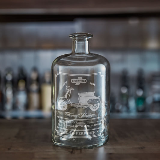 personalised engraved whisky or gin bottle etched with a lambretta sx200 scooter