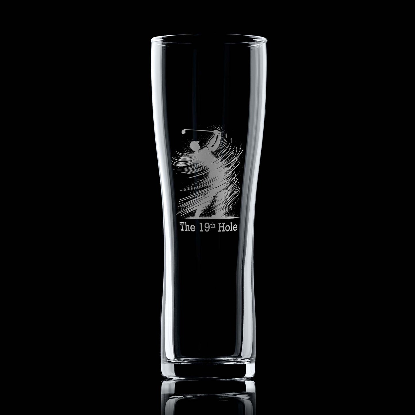 Golf pint glass engraved with a silhouette of a golfer mid-swing and a personalised message