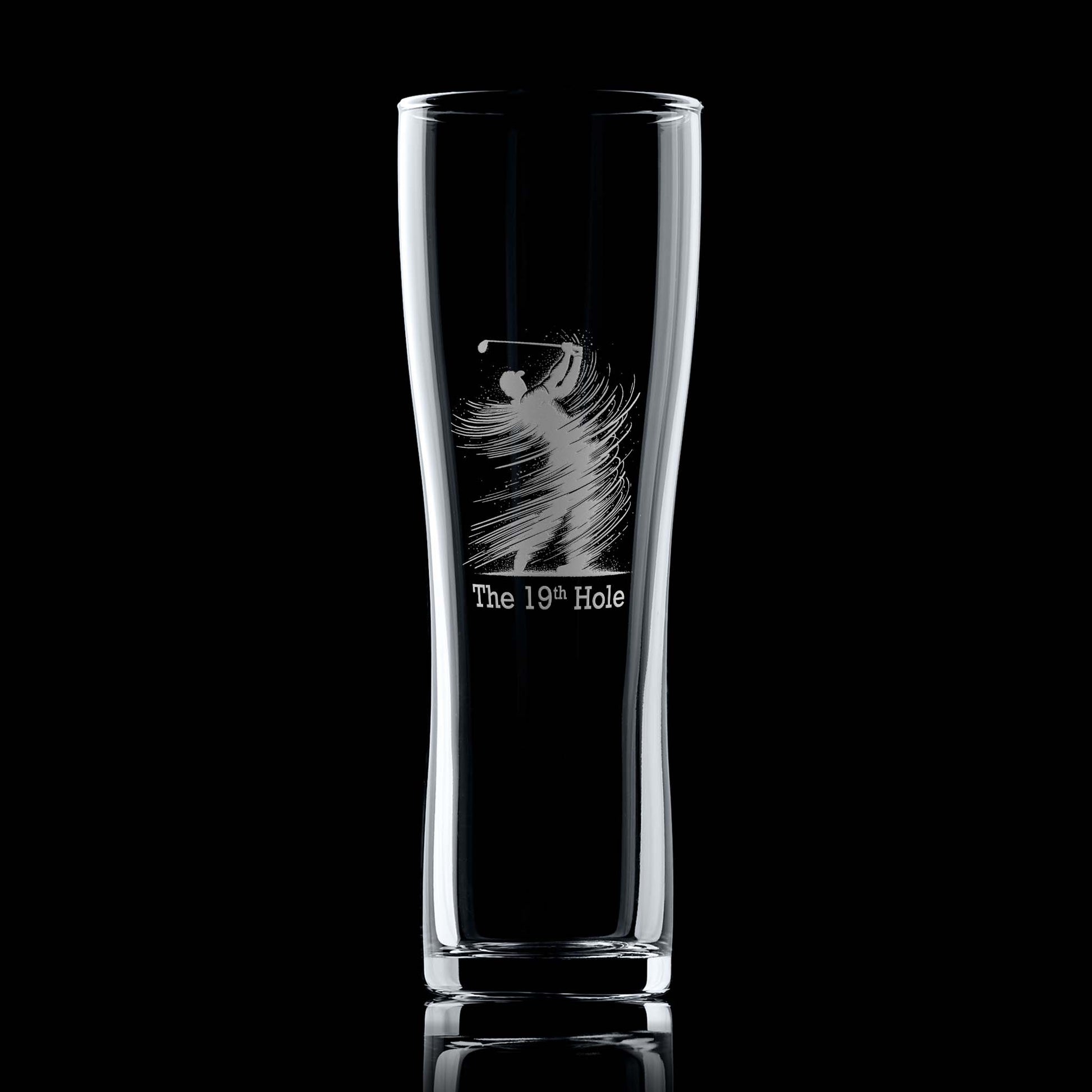 Golf pint glass engraved with a silhouette of a golfer mid-swing and a personalised message