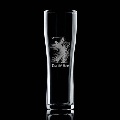 Golf pint glass engraved with a silhouette of a golfer mid-swing and a personalised message