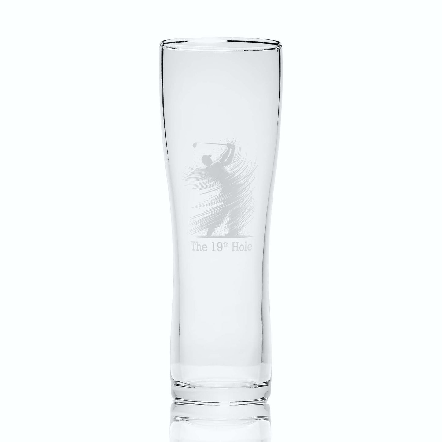 Pint glass with engraved golf club design and text on a white background