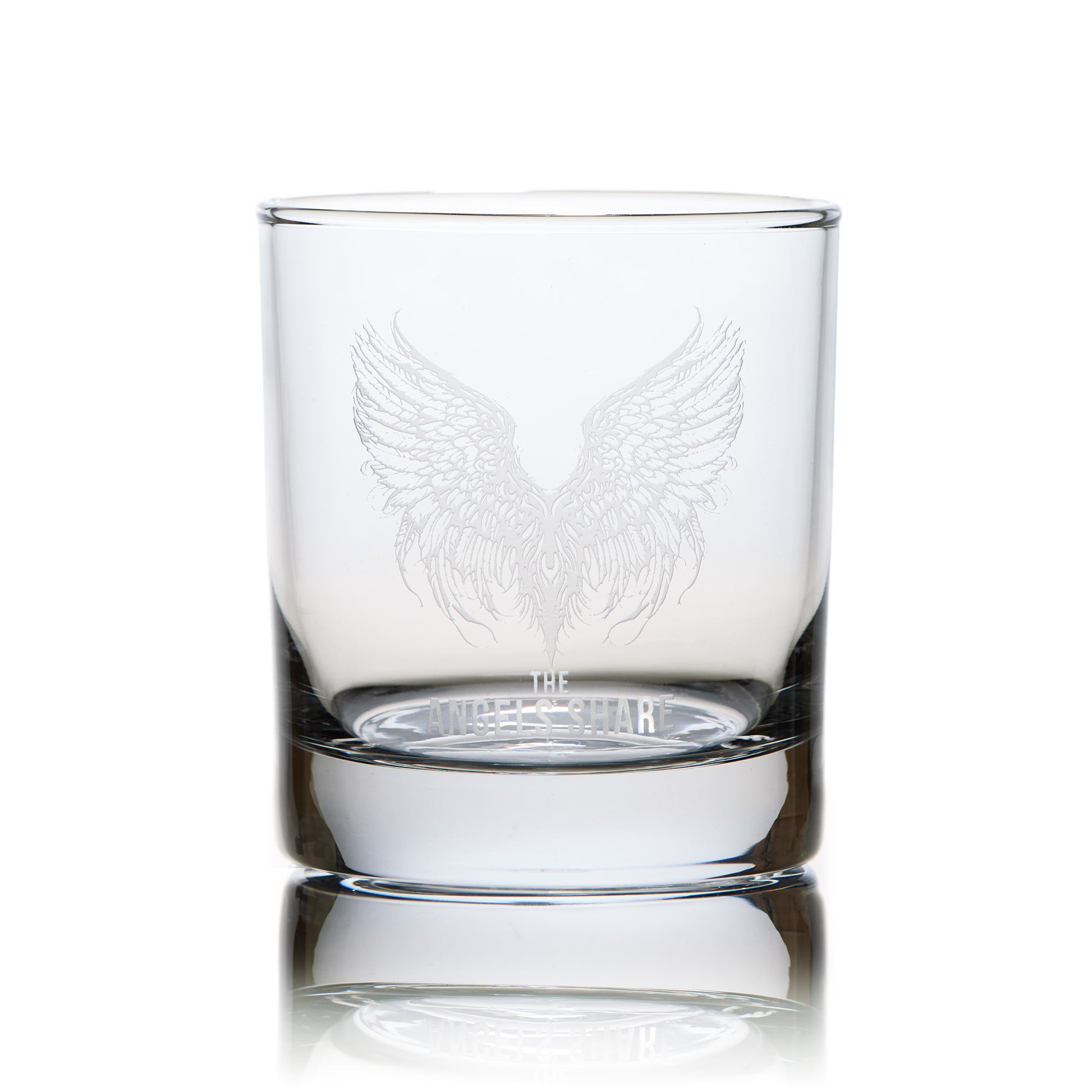Front view of a whisky glass engraved with a pair of angels wings and personal message
