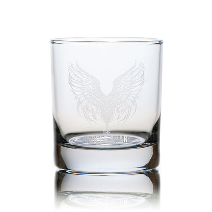 Front view of a whisky glass engraved with a pair of angels wings and personal message