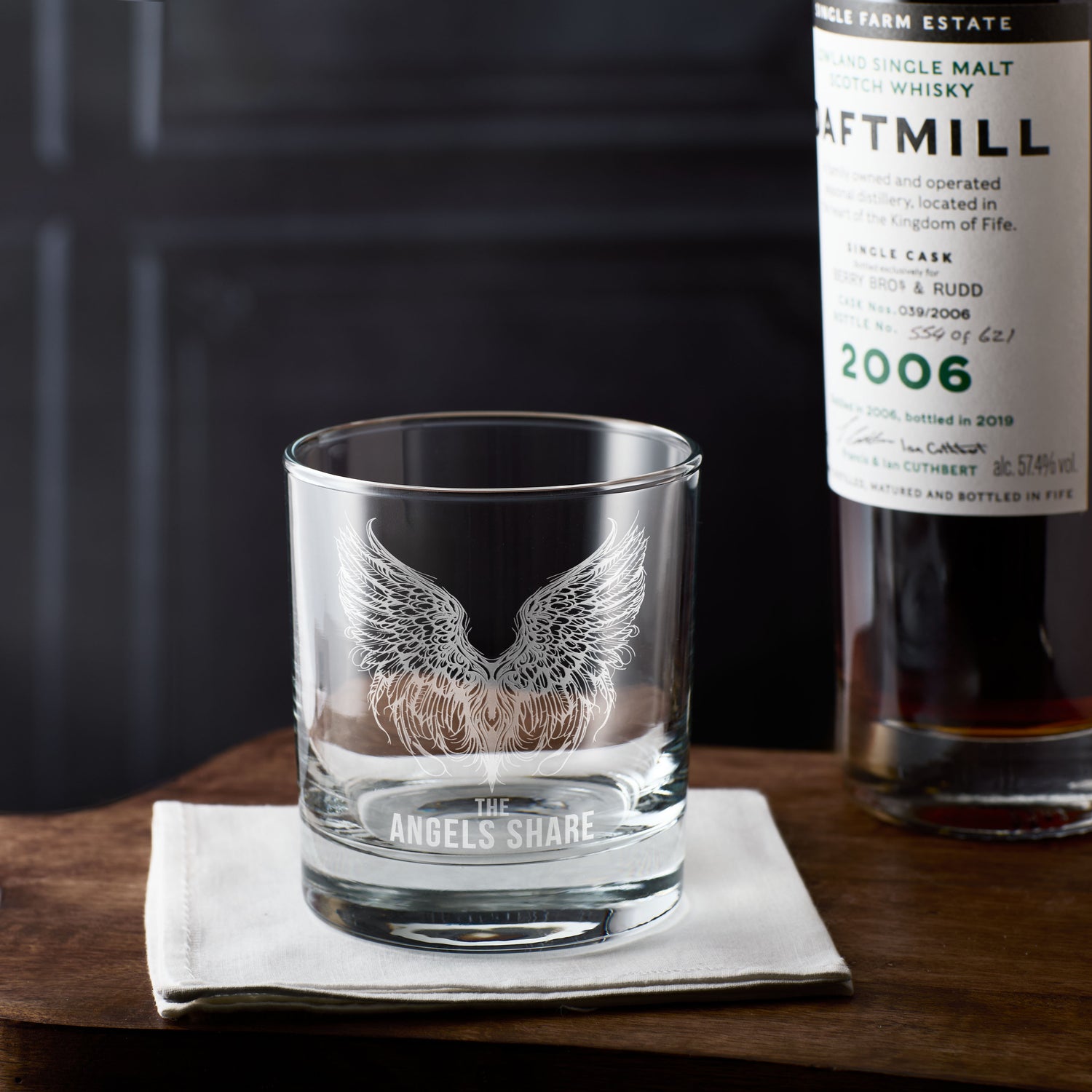 Engraved whisky glass with The Angels Share illustration