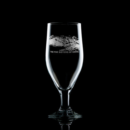 stemmed beer glass engraved with scottish mountains the five sisters of Kintail