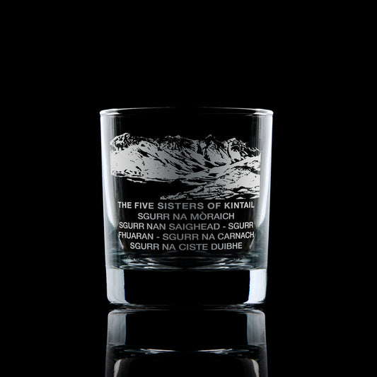 whisky glass engraved with the mountain range of the five sisters of kintail in Scotland