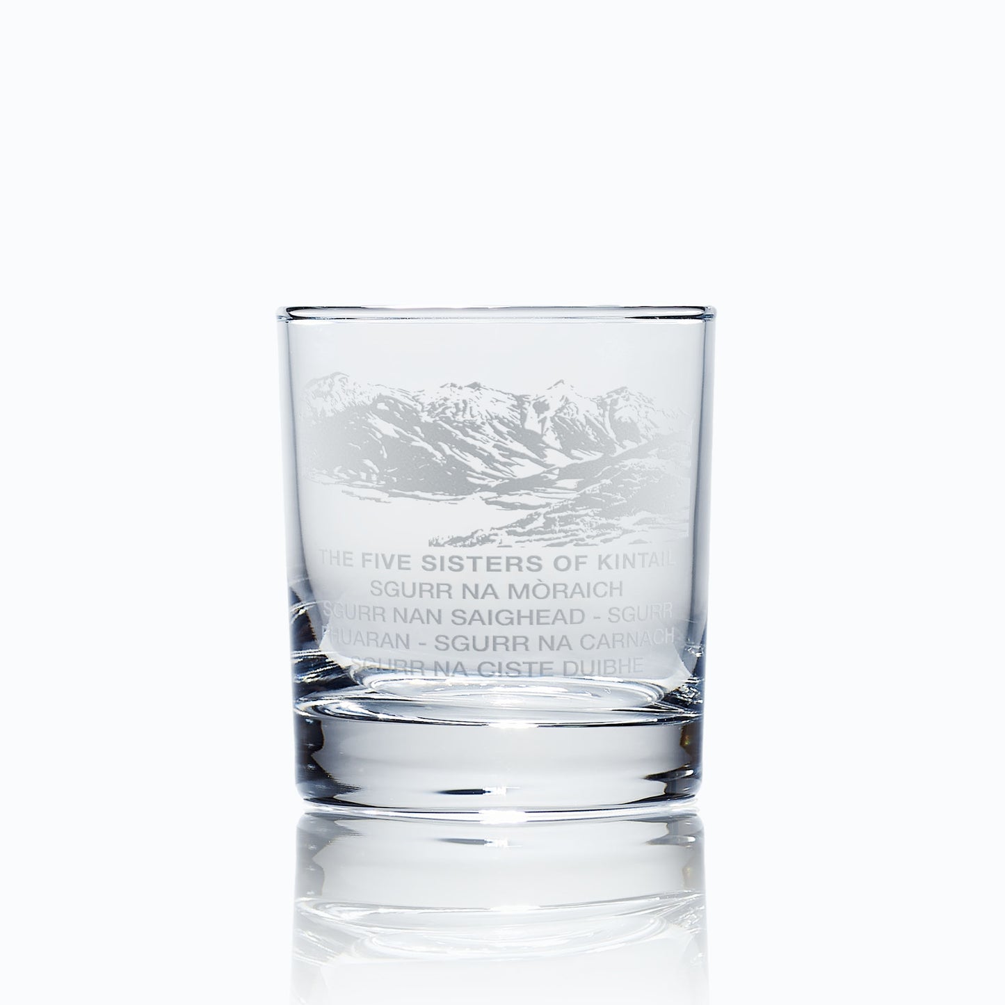 whisky glass engraved with the mountain range of the five sisters of kintail in Scotland