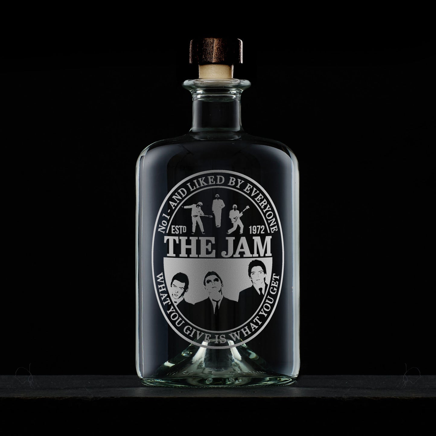 glass decanter engraved with Paul Weller and The Jam