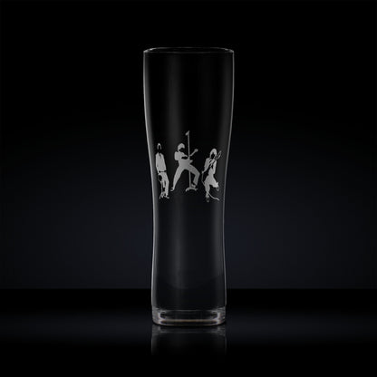Engraved pint glass with a silhouette of a three-piece band – guitar, bass, and drums – in a mod revival-inspired style