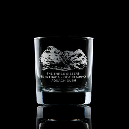 whisky glass engraved with the mountain range of the three sisters in glencoe, Scotland