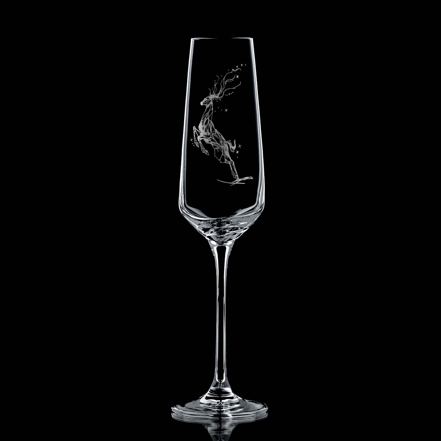 Winter Solstice Champagne Flute with engraved constellation stag design