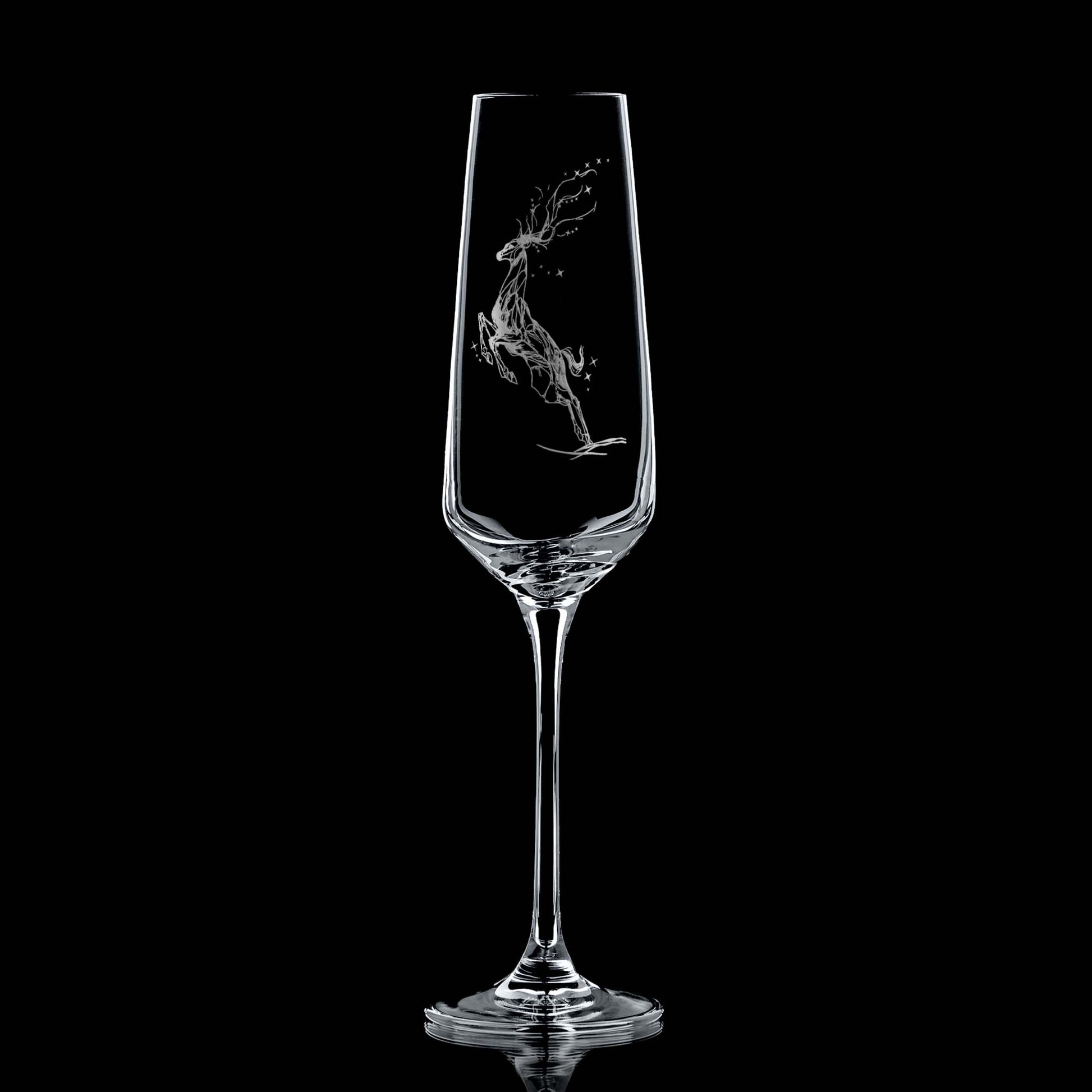 Winter Solstice Champagne Flute with engraved constellation stag design