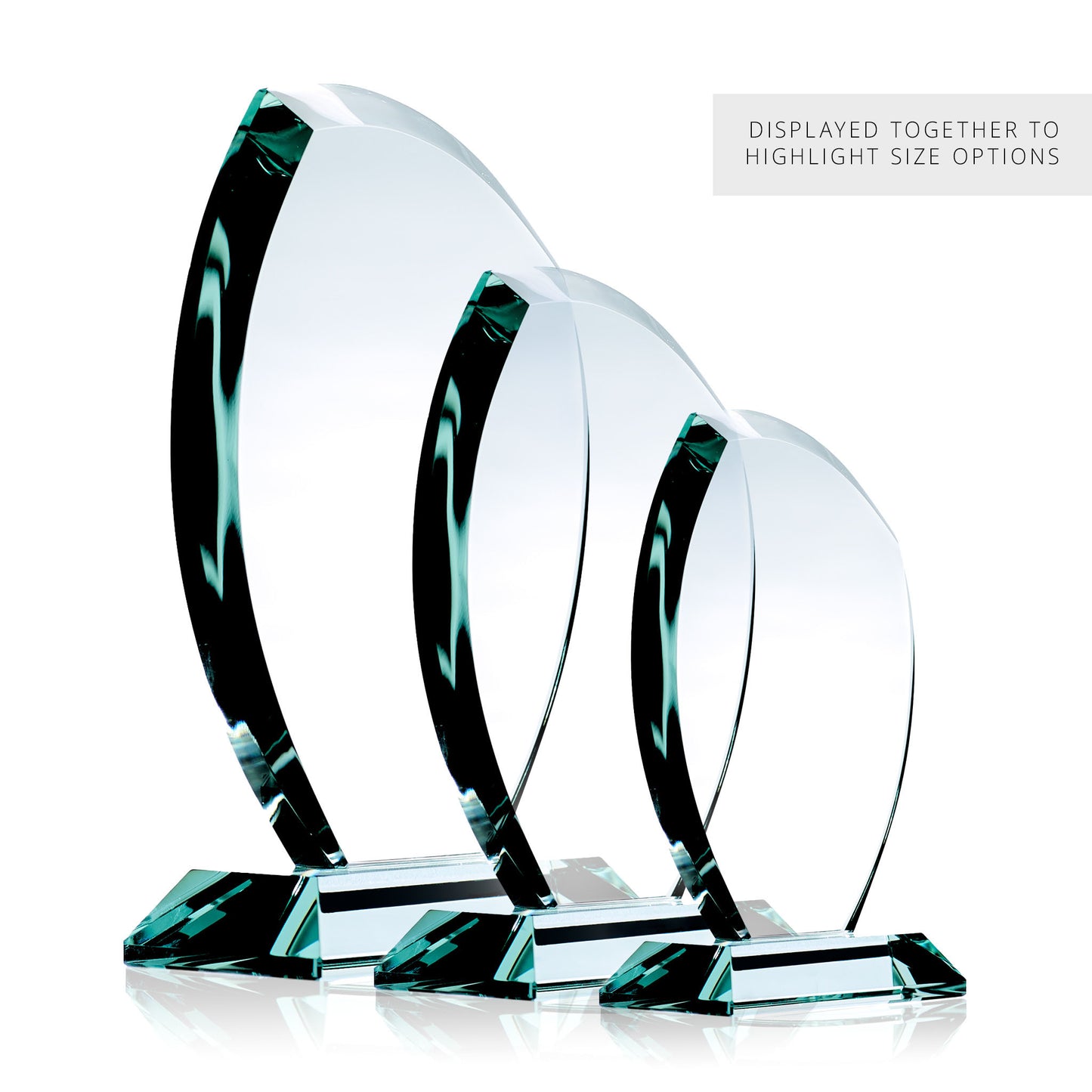 Three engraved leaf shaped glass awards photographed together to show the different size options available