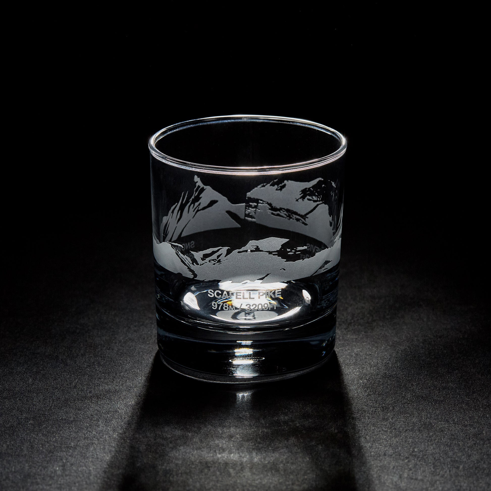 etched whisky glass engraved with three mountain peaks, snowdon, ben nevis and scafell pike