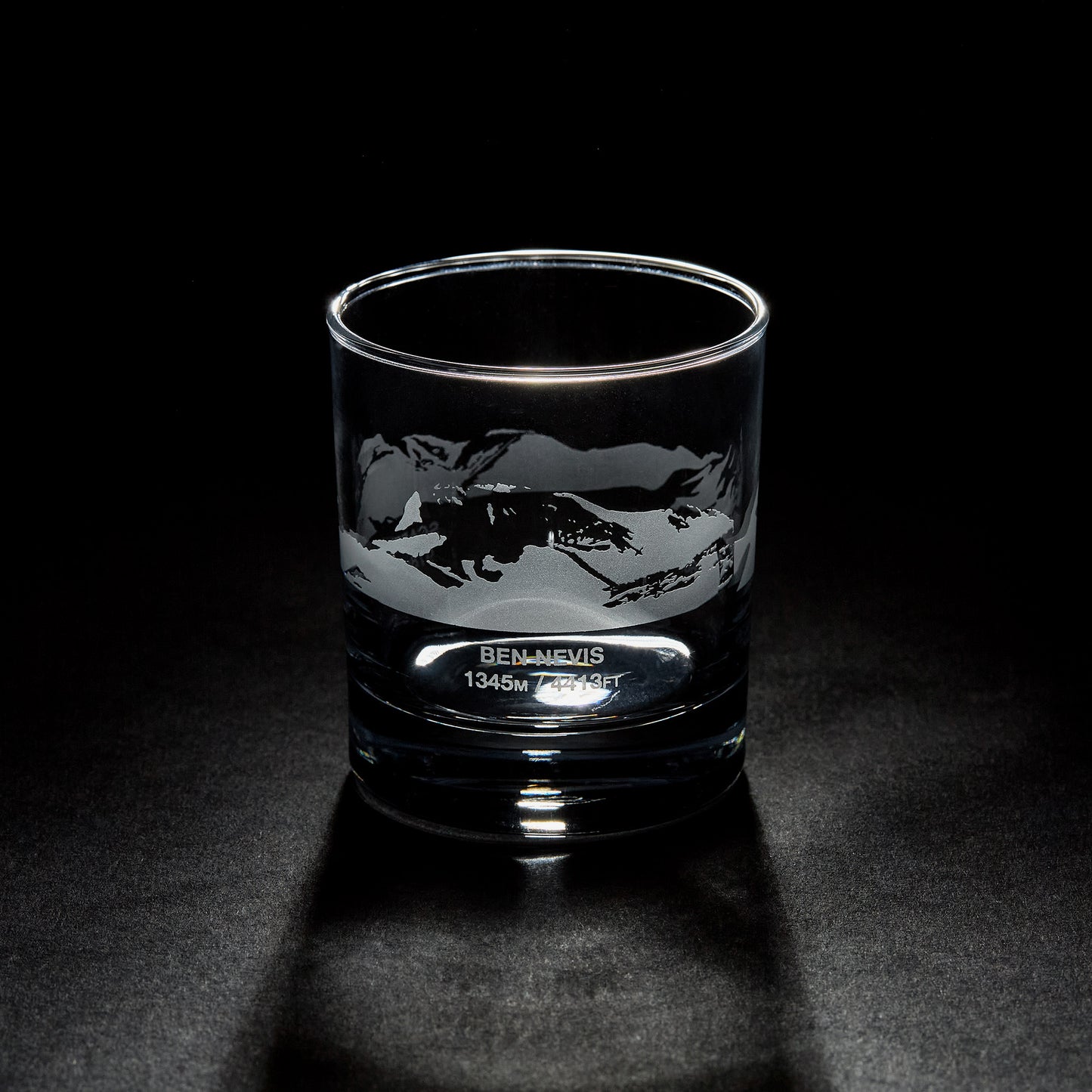 etched whisky glass engraved with three mountain peaks, snowdon, ben nevis and scafell pike