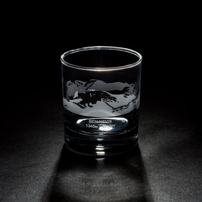 etched whisky glass engraved with three mountain peaks, snowdon, ben nevis and scafell pike