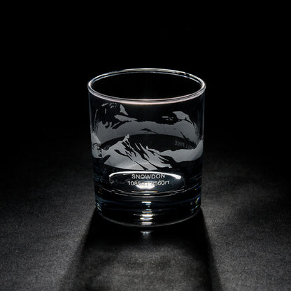 etched whisky glass engraved with three mountain peaks, snowdon, ben nevis and scafell pike