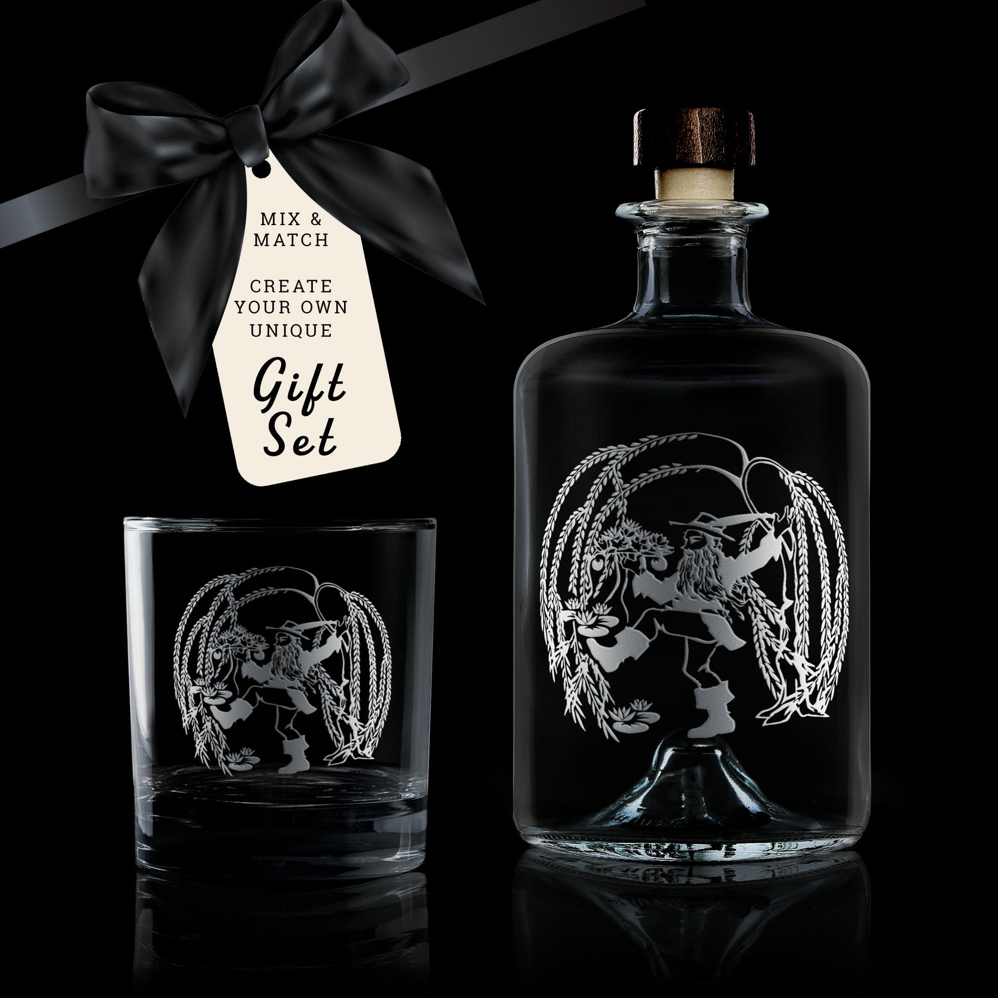 whisky decanter gift set engraved with lord of the rings character tom bombadil