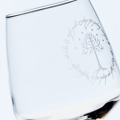 engraved wine glass with gondor's white tree, stars and elvish text