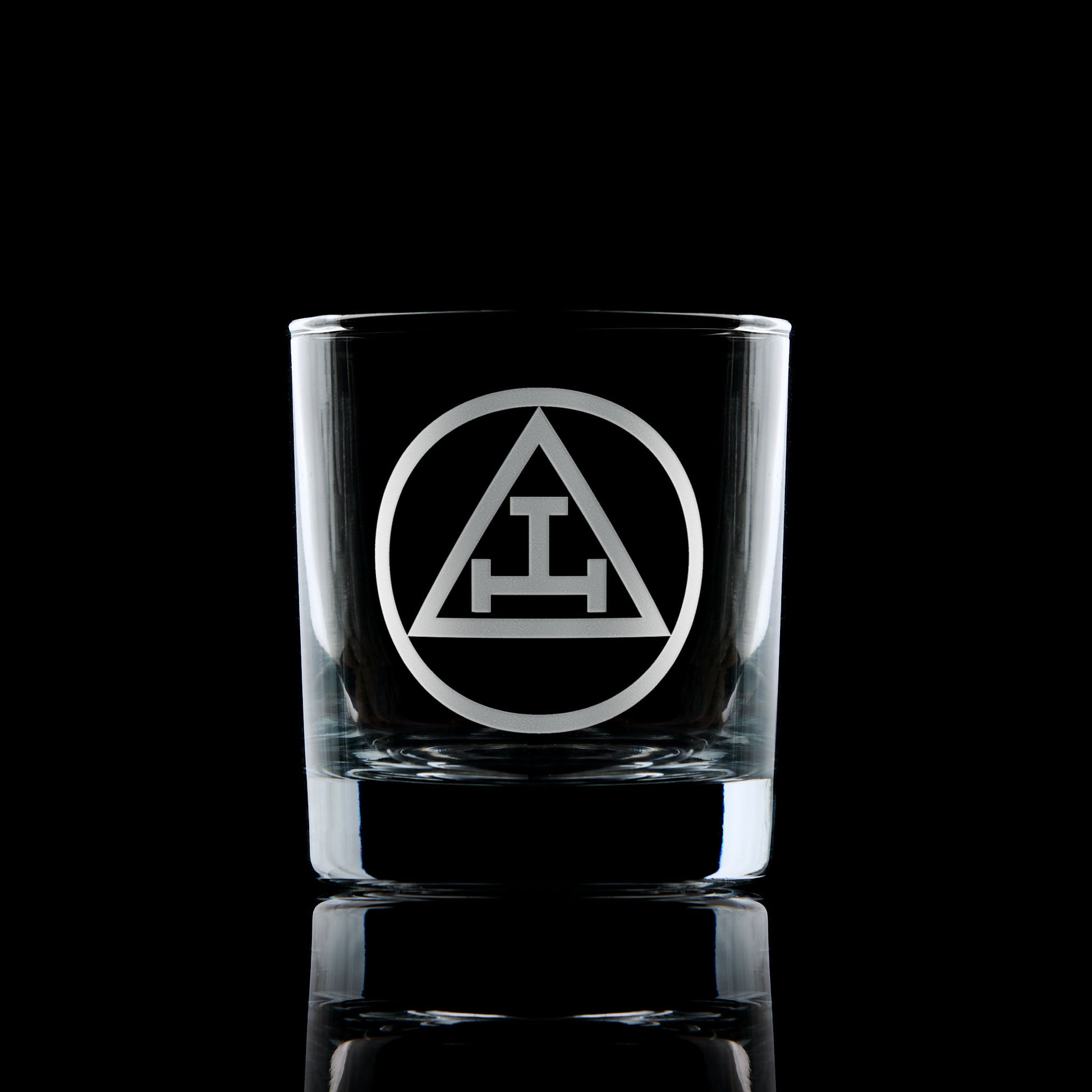 masonic whisky glass engraved with the holy royal arch triple tau symbol