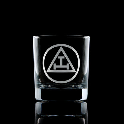 masonic whisky glass engraved with the holy royal arch triple tau symbol