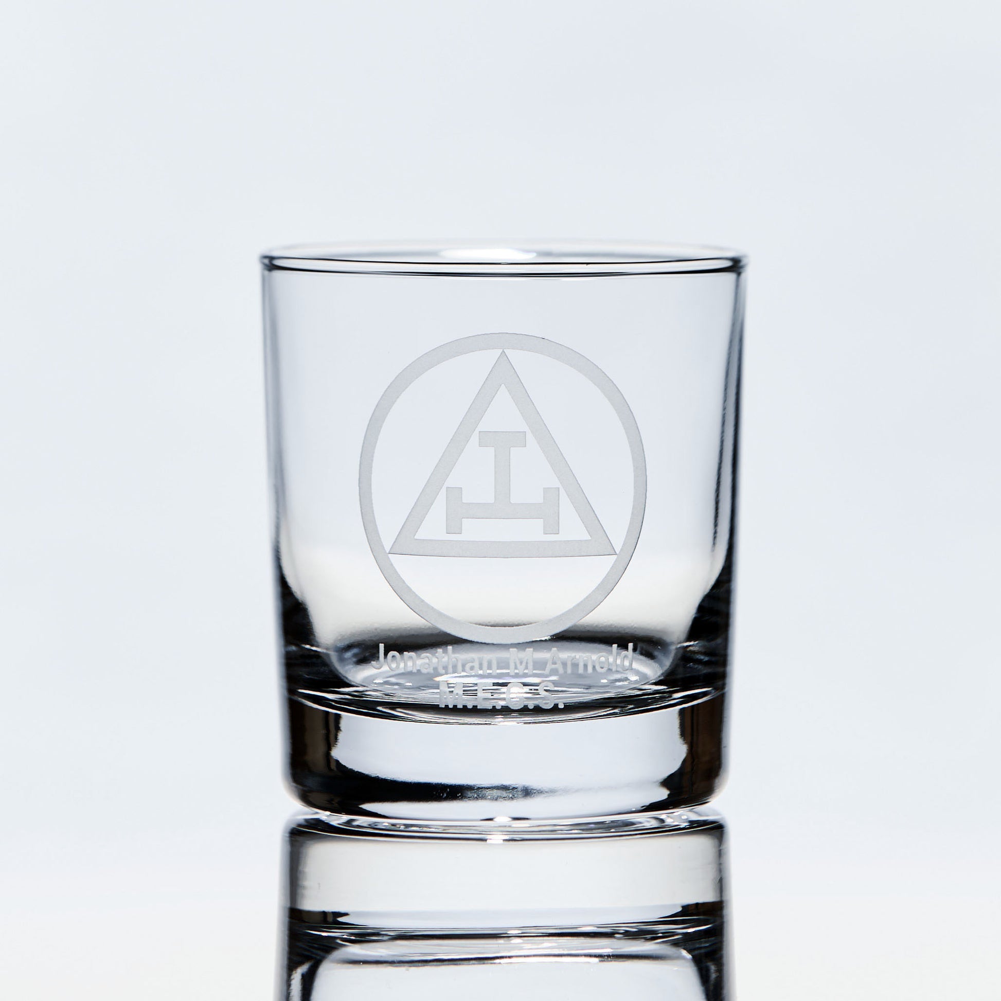 masonic whisky glass engraved with the holy royal arch triple tau symbol