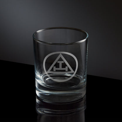 masonic whisky glass engraved with the holy royal arch triple tau symbol