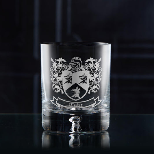 Hand-engraved Atelier whisky glass with heraldic coat of arms and mantling — satin sandblasted finish.
