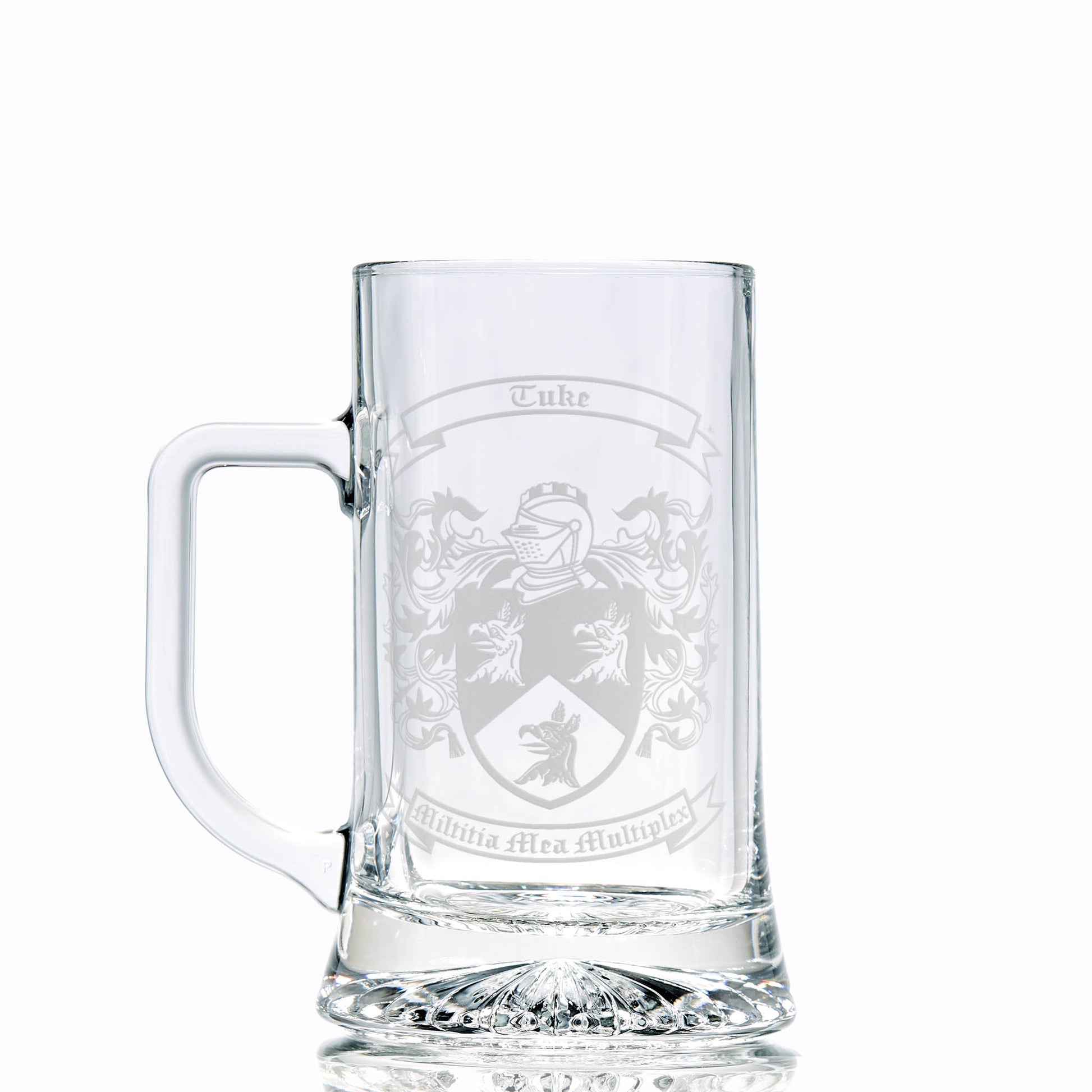 Handled glass tankard with heraldic shield and motto — hand-engraved.