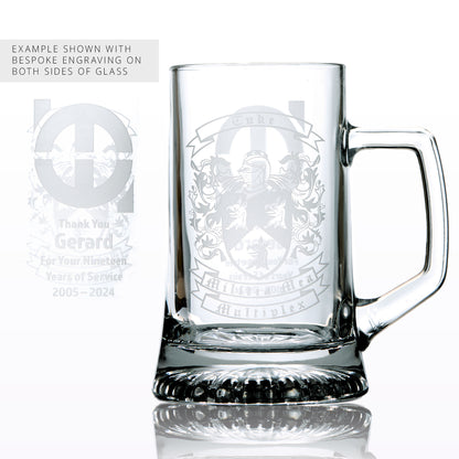 Family coat of arms and corporate logo engraved on a long service award beer tankard, personalised with recipients name