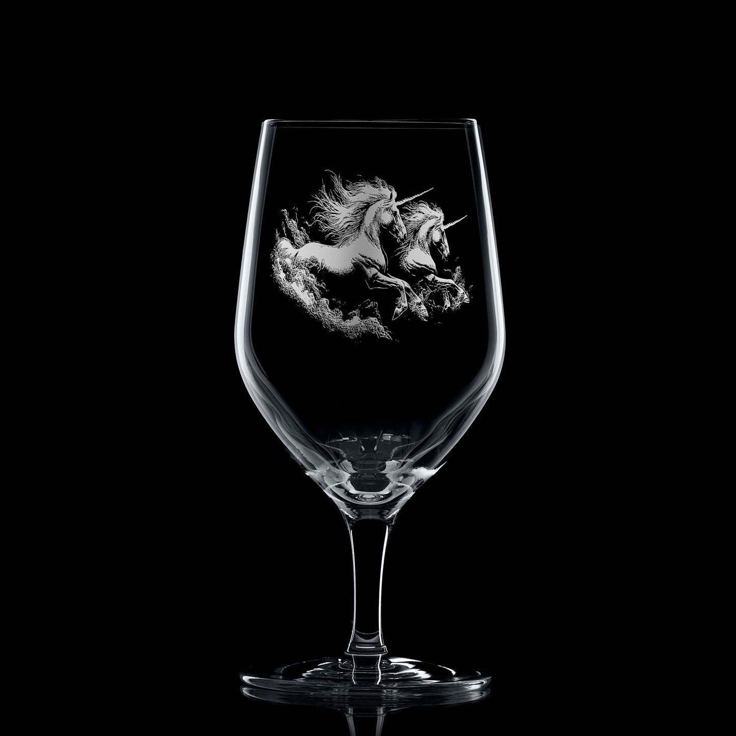 Stemmed mineral water glass with two unicorns and personal message space beneath