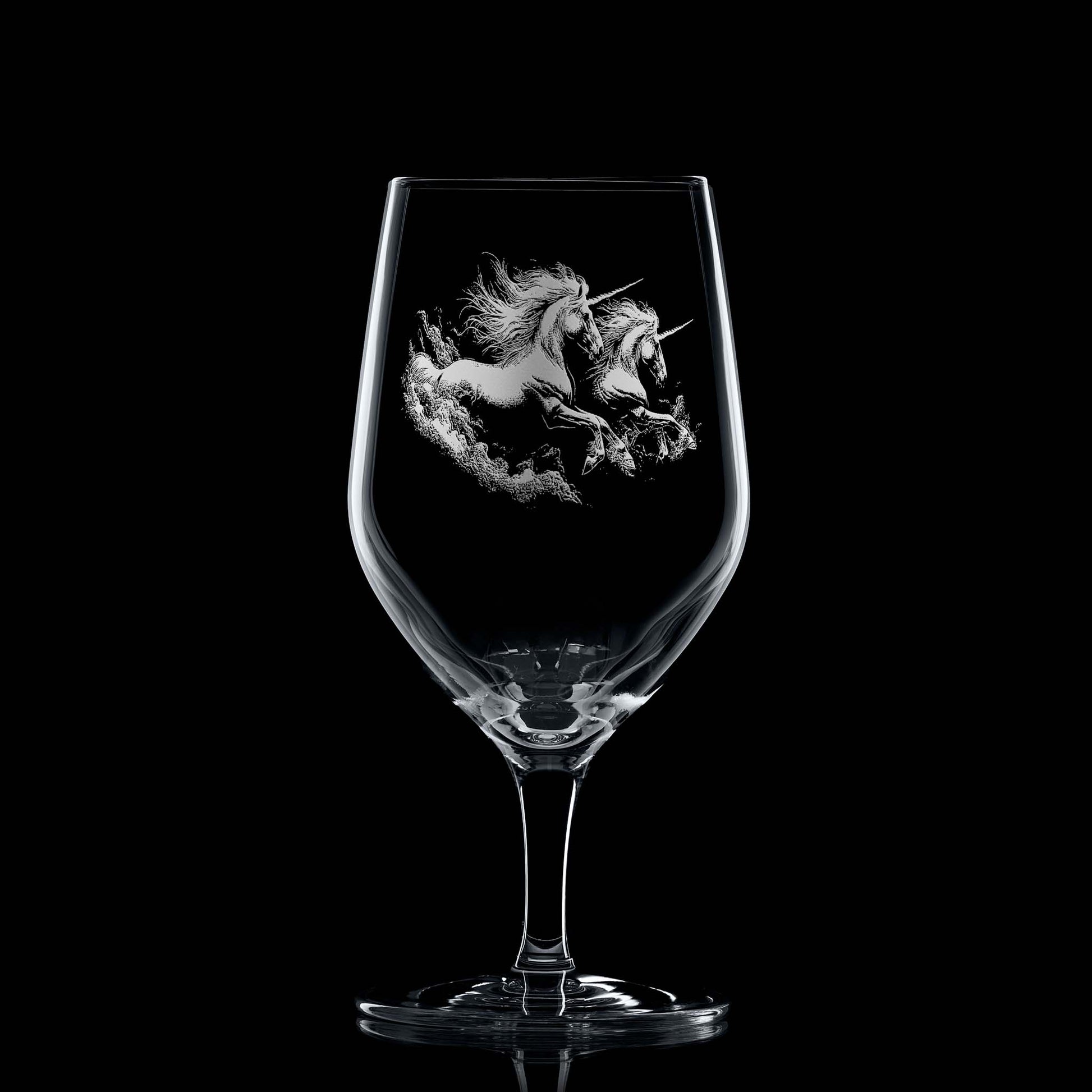 Stemmed mineral water glass with two unicorns and personal message space beneath