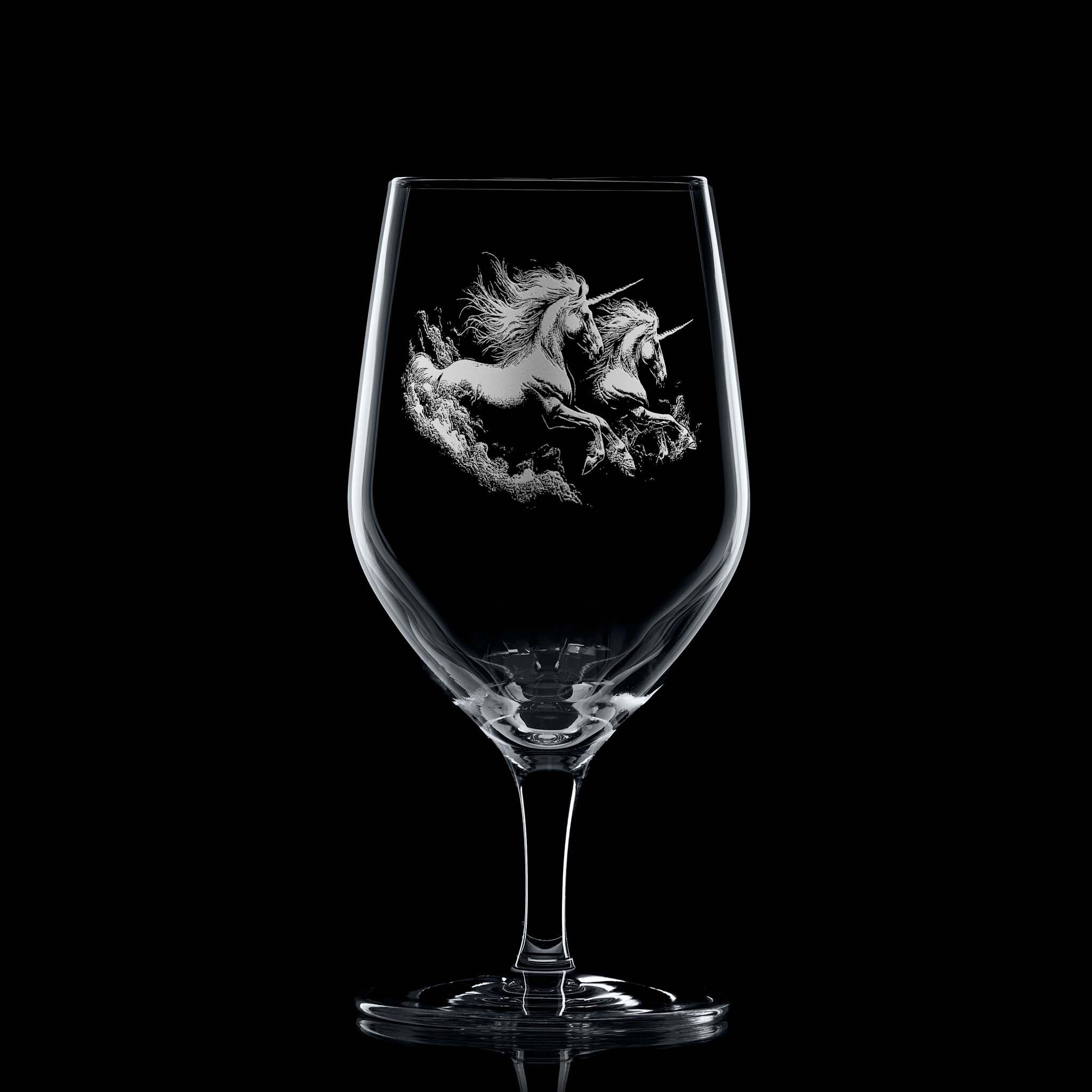 Stemmed mineral water glass with two unicorns and personal message space beneath