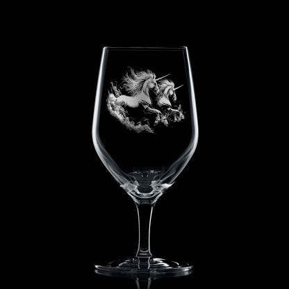 Stemmed mineral water glass with two unicorns and personal message space beneath