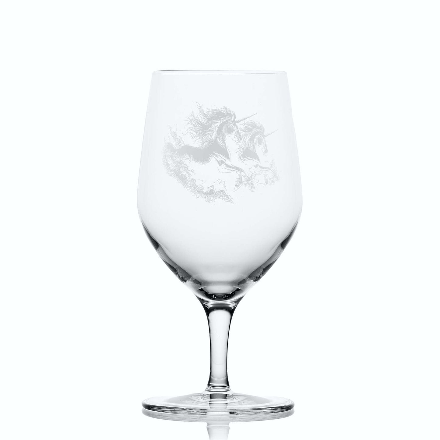 Glass on white background to highlight the shape and form of the glass: 450ml slender stemmed glass engraved with unicorn design and optional message