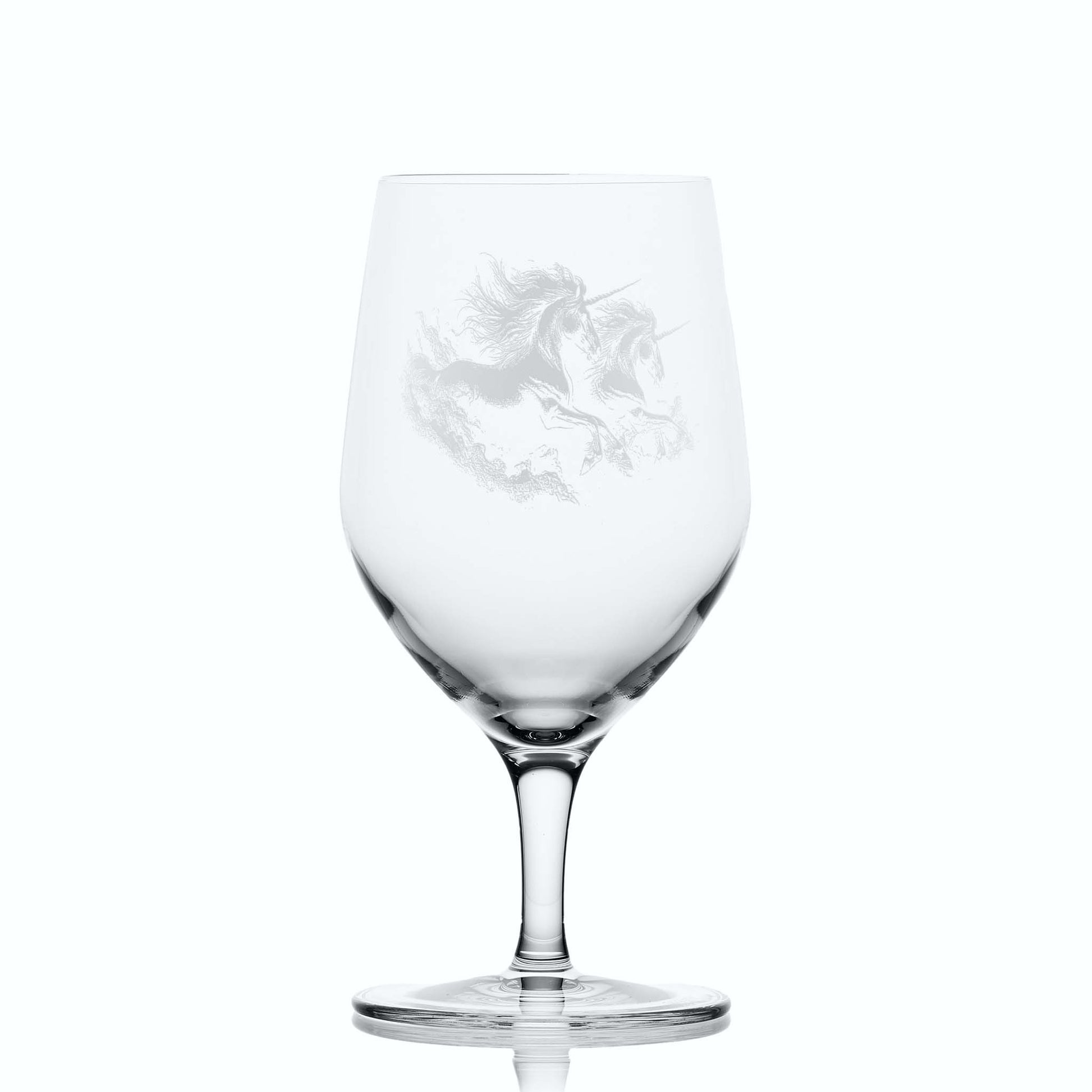Glass on white background to highlight the shape and form of the glass: 450ml slender stemmed glass engraved with unicorn design and optional message