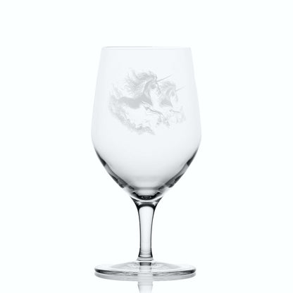 Glass on white background to highlight the shape and form of the glass: 450ml slender stemmed glass engraved with unicorn design and optional message