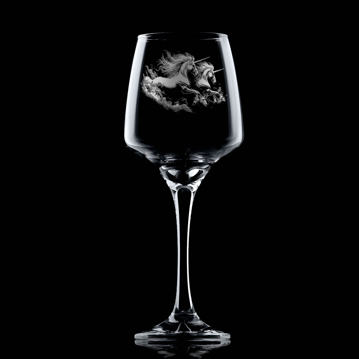 Engraved Wine glass with two unicorns on a black background