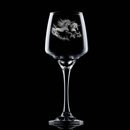 Engraved Wine glass with two unicorns on a black background