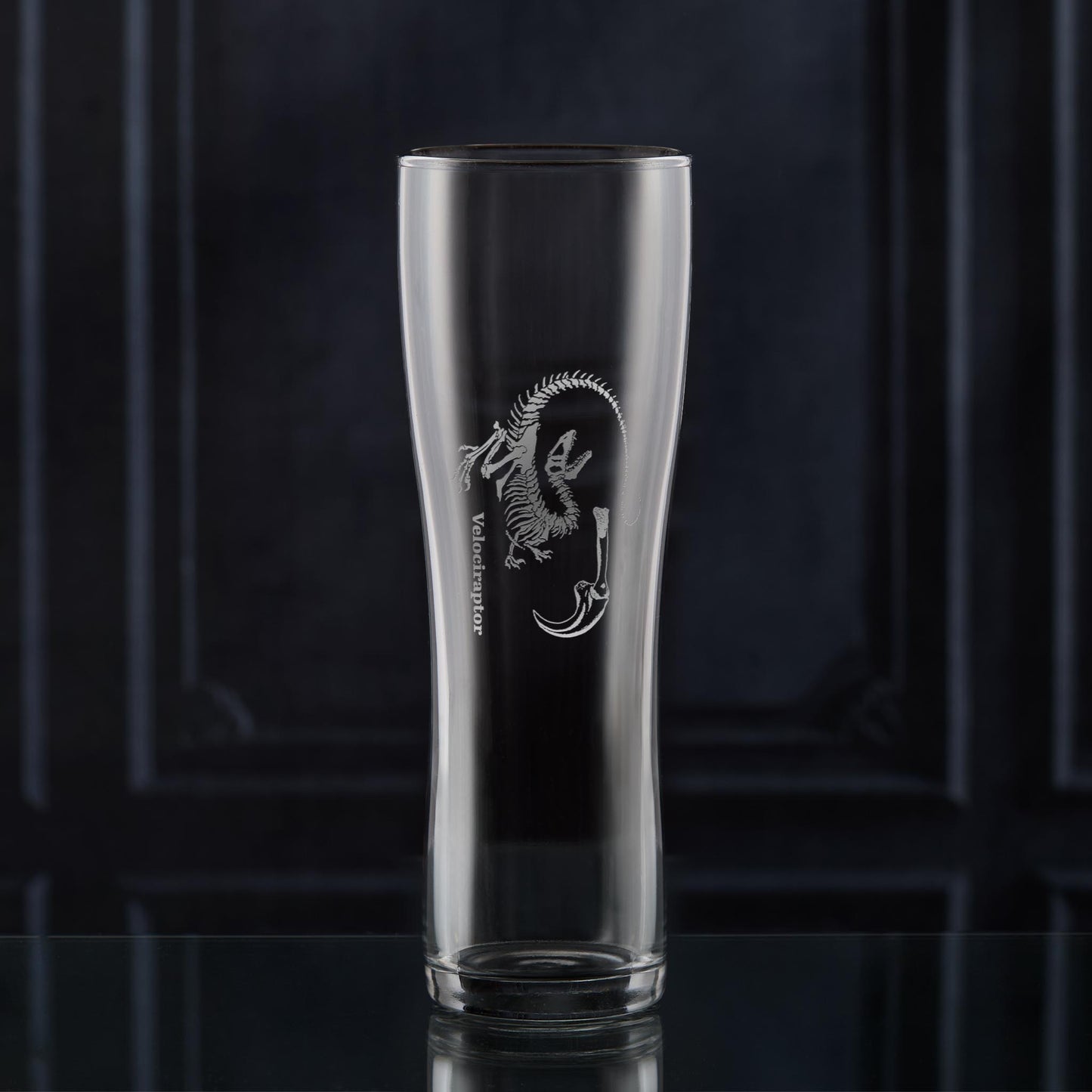 Velocirptor pint glass engraved with a dinosaur fossil and claw