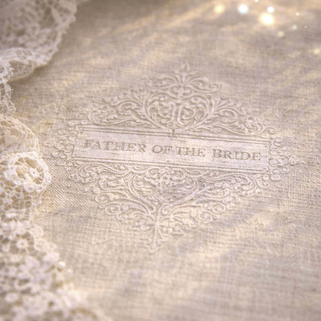 Decorative fabric with 'Father of the Bride' text and lace details