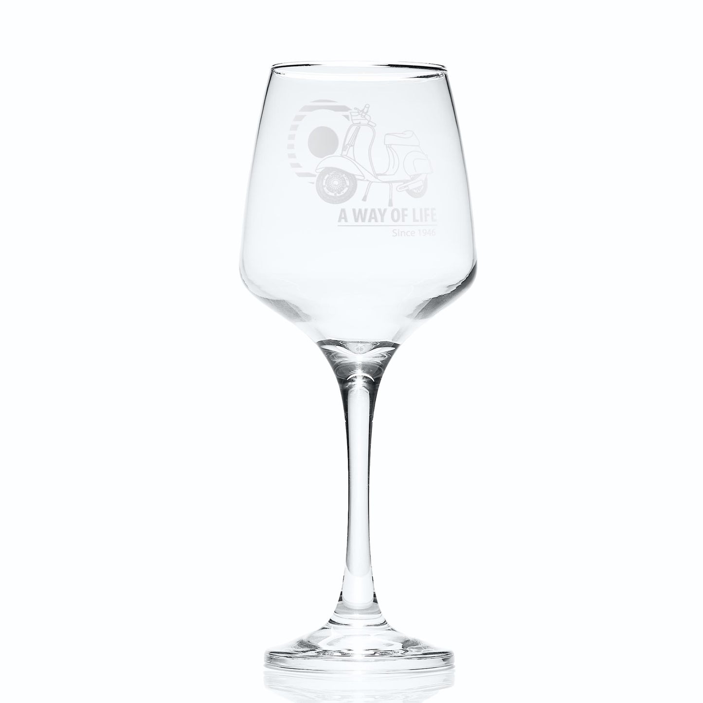 Wine glass negraved with a Vespa 50 special scooterm Mod target and personalised text