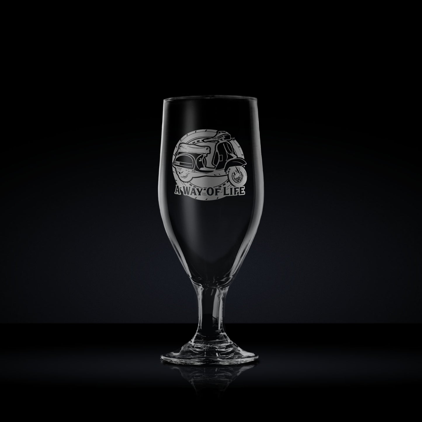 stemmed beer or cider glass engraved with a vespa T5 scooter