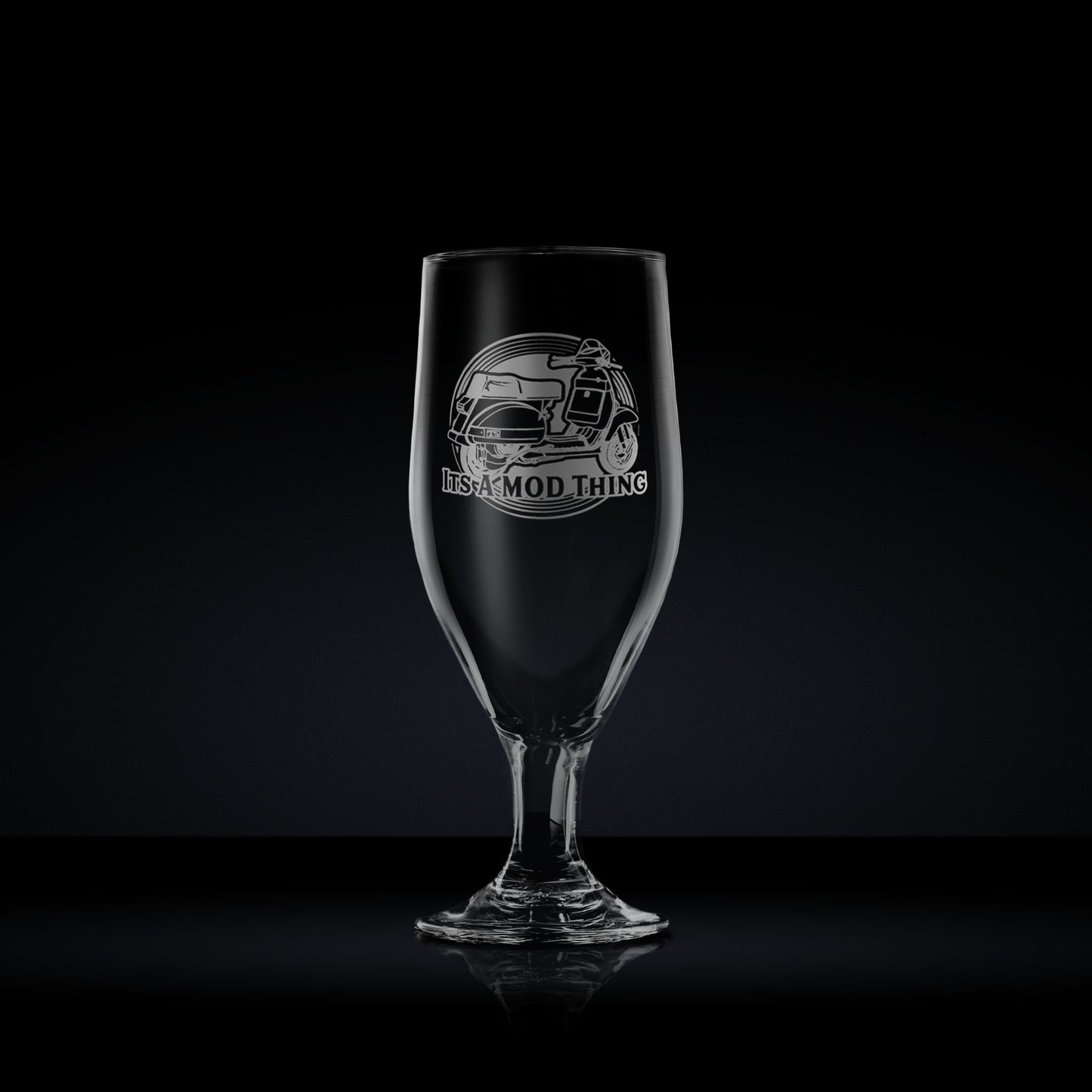 stemmed beer or cider glass engraved with a vespa T5 scooter