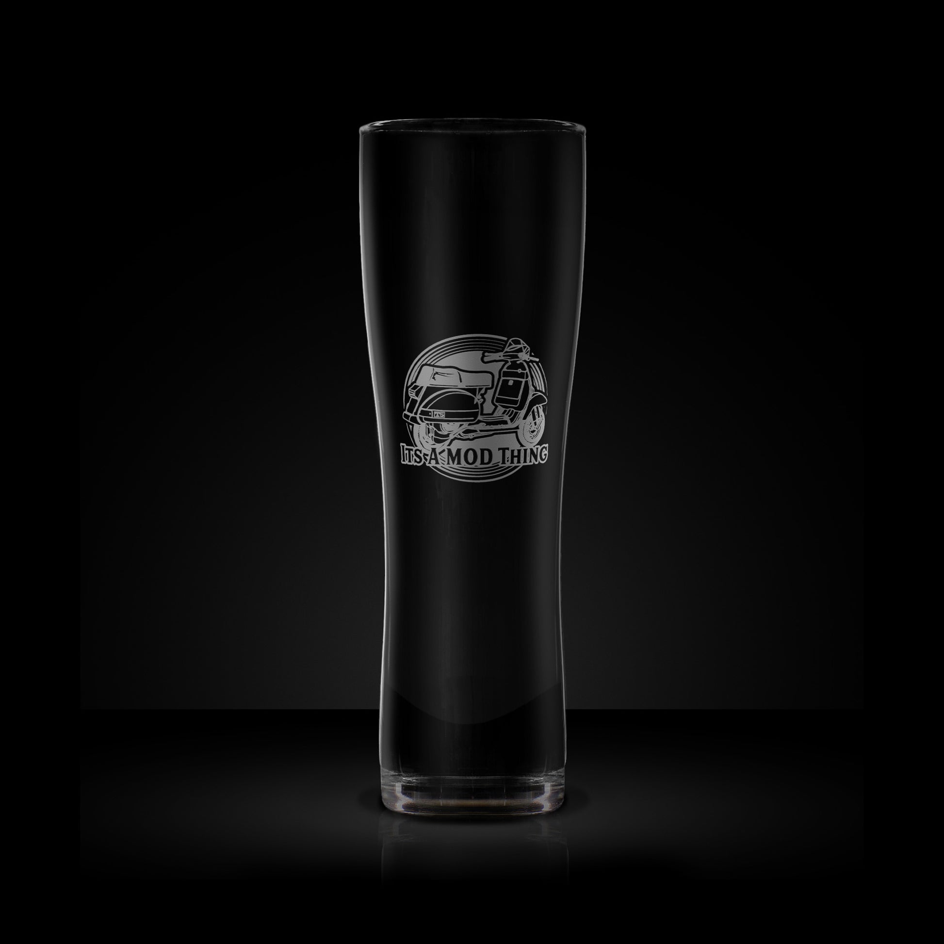 Tall pint glass engraved with a vespa T5 scooter