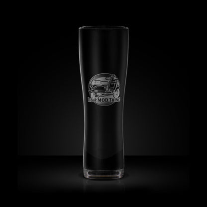 Tall pint glass engraved with a vespa T5 scooter