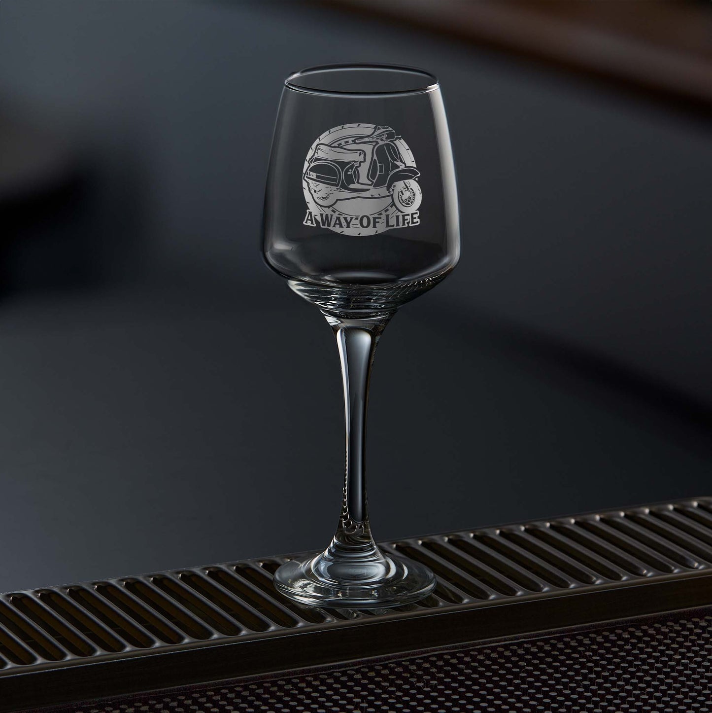 stemmed wine glass engraved with a vespa T5 scooter